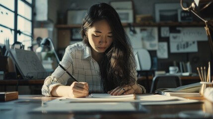 Female designer working on a new project, sketching ideas and collaborating with her team.