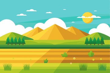 Obraz premium A Flat Design Illustration of a Sunny Day with Mountains, Trees, and a Field