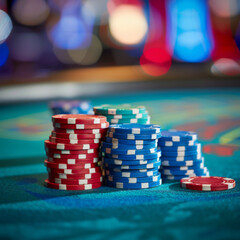 Naklejka premium Stacks of Red and Blue Casino Chips on a Green Felt Table