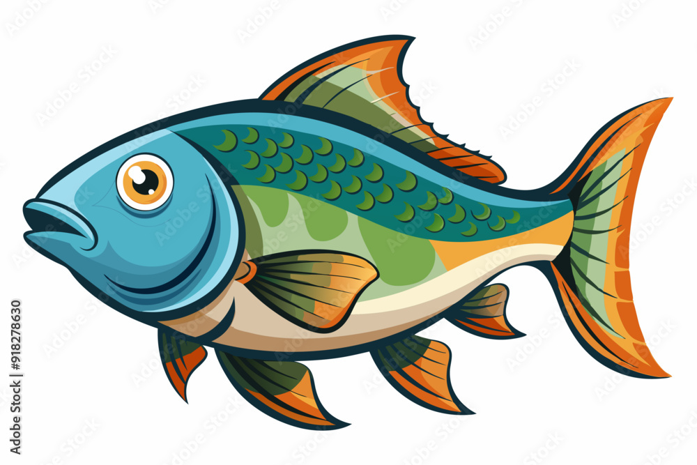 Wall mural Cartoon Illustration of a Colorful Fish with Orange Fins