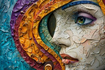 Detailed view of a vibrant, multicolored ceramic mosaic portraying a human eye