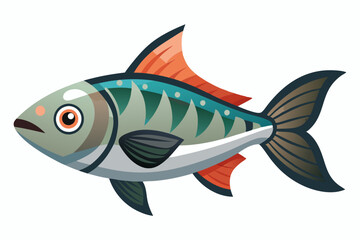 Cartoon Illustration of a Green and Blue Fish with Red Fins