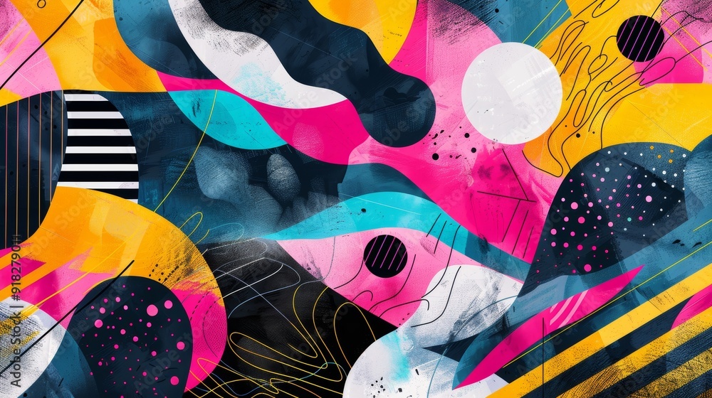 Poster abstract mural featuring vibrant colors and dynamic shapes in an urban setting during daylight
