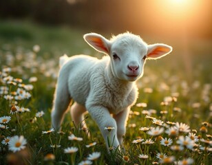 Obraz premium Portrait of a little lamb in a meadow on a sunny day.