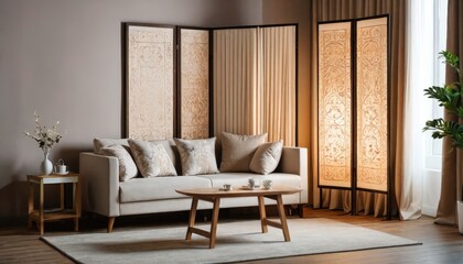 Modern Living Room Interior Design with Ornate Screen and White Sofa.