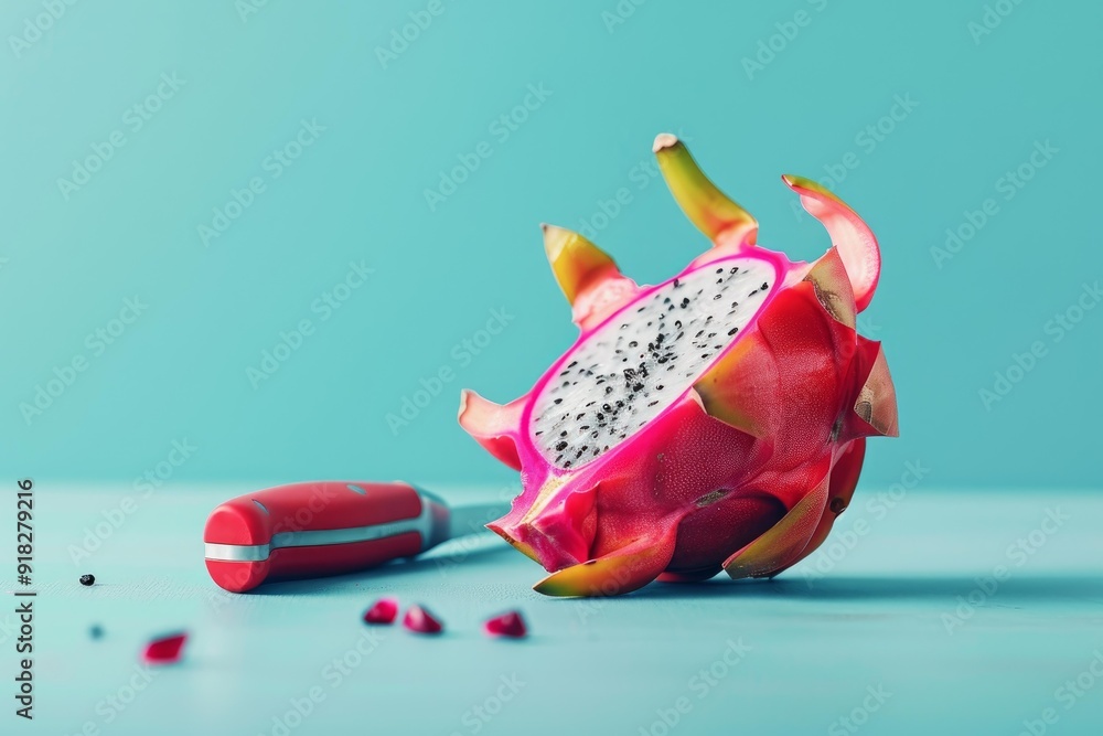 Sticker Vibrant pink dragon fruit cut open to reveal its white flesh and seeds, alongside a red knife