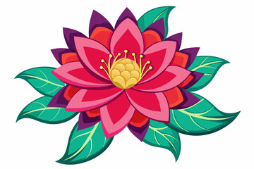 Fototapeta premium Vibrant Pink Flower with Green Leaves and Yellow Center