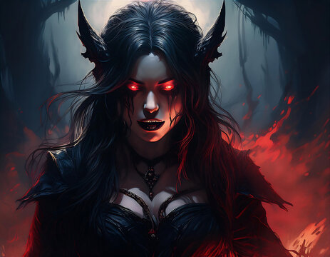  Dark Fantasy Illustration of a Devilish Woman- A horror-themed illustration of a devilish w_1(85)
