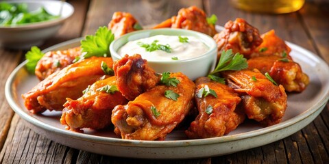 Close up of spicy buffalo chicken wings served with ranch dressing, spicy, buffalo, chicken, wings, hot, spicy, fiery, flaming