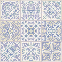 Patchwork texture from tiles in the oriental style in blue and gray. Abstract background. Geometric ceramic design tile.