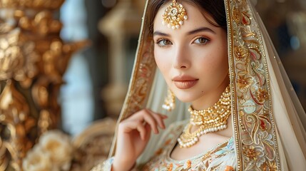 Obraz premium Indian Bride Portrait with Golden Jewelry and Sparkling Eyes