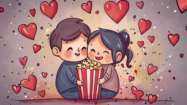 couple sitting together enjoying popcorn surrounded by many hearts.