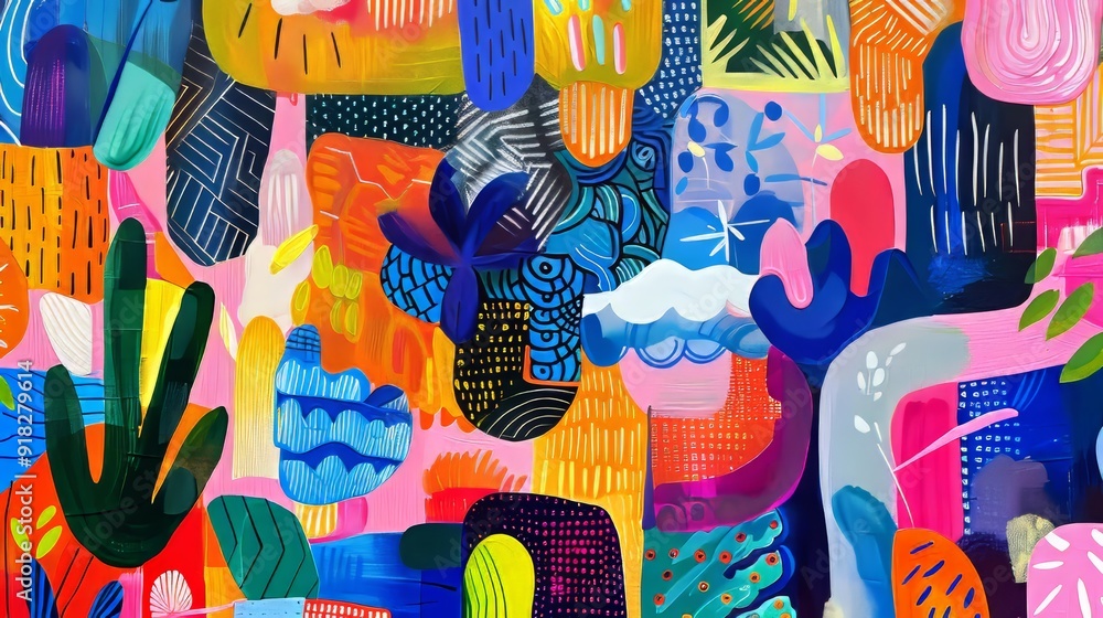Poster vibrant abstract mural featuring colorful shapes and patterns in an urban setting during daylight