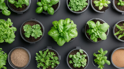 Top View of Various Green Herbs in Pots Arranged on Dark Background