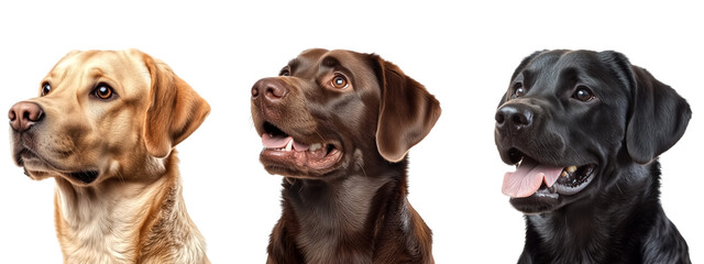 Set of close up labrador retriever in yellow, chocolate and black color, isolate on transparent...