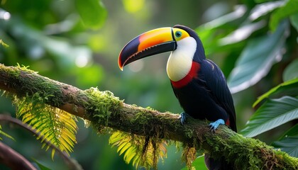 Fototapeta premium A toucan, vividly colored, perches on a palm tree branch against a lush tropical backdrop filled with foliage and tall palms