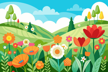 Fototapeta premium Vibrant Springtime Meadow with Flowers and Trees