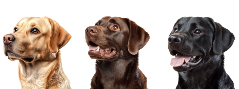 Set of close up labrador retriever in yellow, chocolate and black color, isolate on transparent background