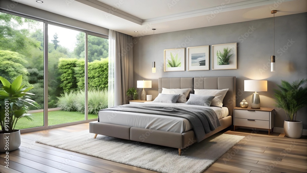 Poster a modern bedroom designed for rest and relaxation with minimalist touches generative ai