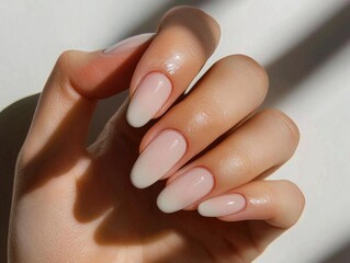 Elegant hand with stylish gradient manicure showcasing soft pastel nail color in subtle lighting.