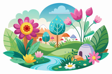 Colorful Landscape with Flowers, Trees, and a Stream