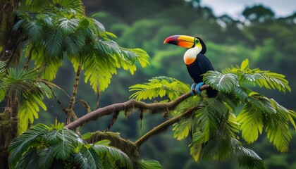 Obraz premium A towering tropic tree hosts a vibrant toucan, perched and preening, as sunlight filters through foliage behind
