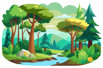 Naklejka premium Lush Forest Landscape with a Winding Stream