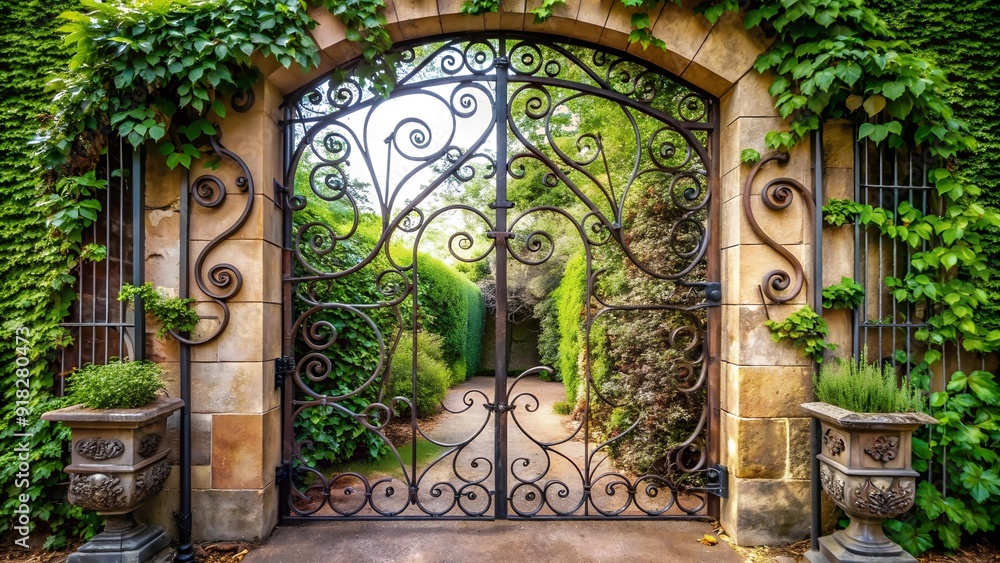 Poster rustic elegance: a wrought iron gate adorned with climbing vines generative ai