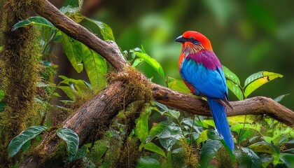 Obraz premium A vibrant bird perches on a tree branch against a backdrop of lush, green foliage teeming with numerous leaves