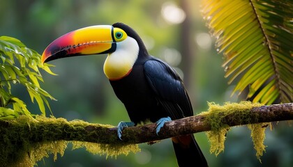 Naklejka premium A vibrant toucan perched on a tree branch in a tropical forest with out-of-focus holiday lights in the background