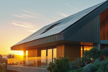 Obraz premium Modern house with solar panels at sunset, showcasing sustainable architecture.