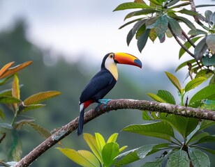 Obraz premium A vibrant toucan perches on a branch against a backdrop of indistinct green and yellow foliage