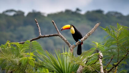 Fototapeta premium A vibrant toucan perching on a branch against a backdrop of out-of-focus light A toucan in brilliant colors sits on a branch amidst an unf