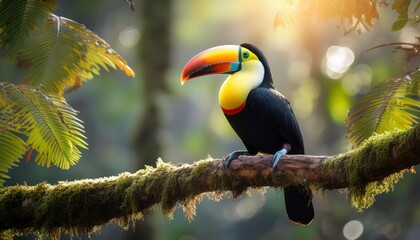 Fototapeta premium A vibrant toucan perches on a tree branch against a lush tropical backdrop, filled with verdant foliage and towering trees