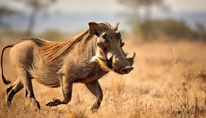 Fototapeta premium A wandering elephant-like creature submerged in water, its elongated tusks protruding from its mouth