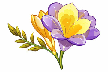 Obraz premium Purple and Yellow Freesia Flower with Green Leaves