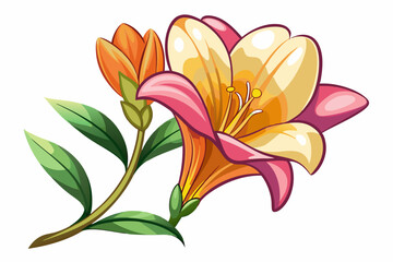 Pink and Yellow Flower with Bud and Green Leaves