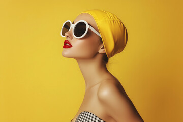 A side view of a stylish woman in a 1960s retro look wearing a yellow vintage swimming cap, white round sunglasses, and a checkered swimsuit, with a bold red lip, posing against a light background
