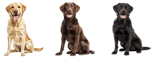 Full body of Labrador Retrievers dog in sitting poses, smile face, yellow chocolate and black color, isolate on transparent background