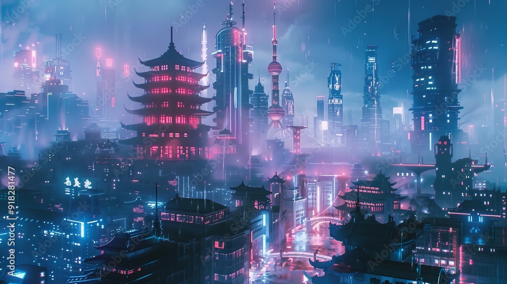 Poster a cityscape with a temple that combines ancient architecture and modern cyberpunk elements
