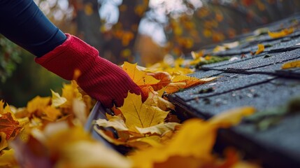 The hand clearing autumn leaves