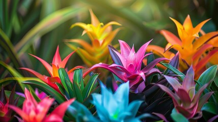 Colorful bromeliad plants display vibrant hues in a tropical garden during the day