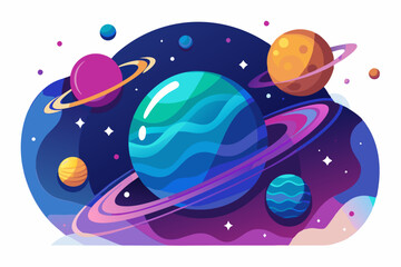 Colorful Planets in a Starry Space With Rings