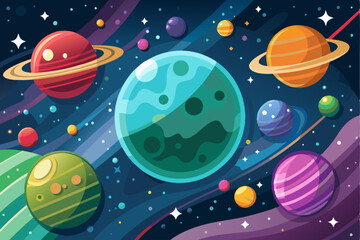 Colorful Planets and Stars in a Cosmic Scene