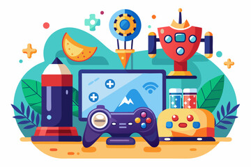 Naklejka premium Colorful Gaming Illustration with Rocket, Game Console, and Trophy