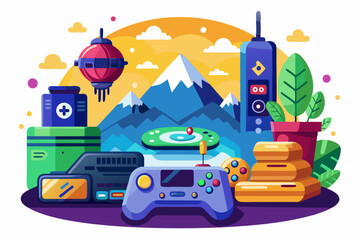 Fototapeta premium Video Game Console With Controllers and Accessories in Mountain Landscape
