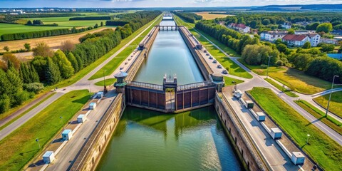 Aerial view of industrial canal lock system , industrial, canal, lock, system, waterway, aerial