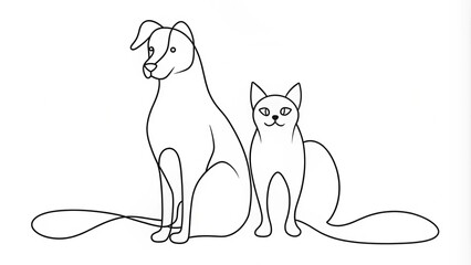 Continuous Line Drawing of a Cat and Dog Together