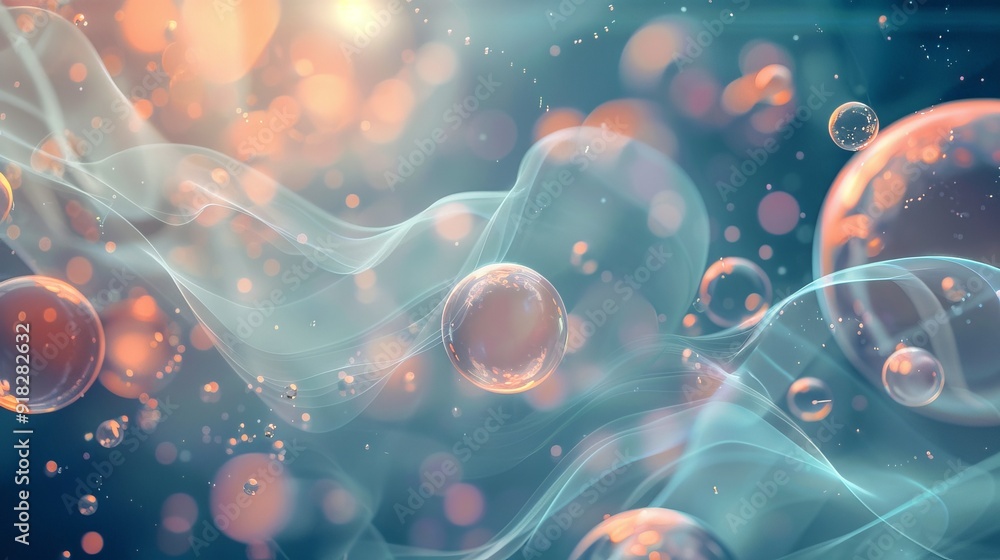 Poster abstract composition of colorful bubbles and wisps of light in a dark background