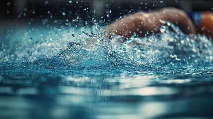 A swimmer diving off the starting block, water splashing as they enter the pool
